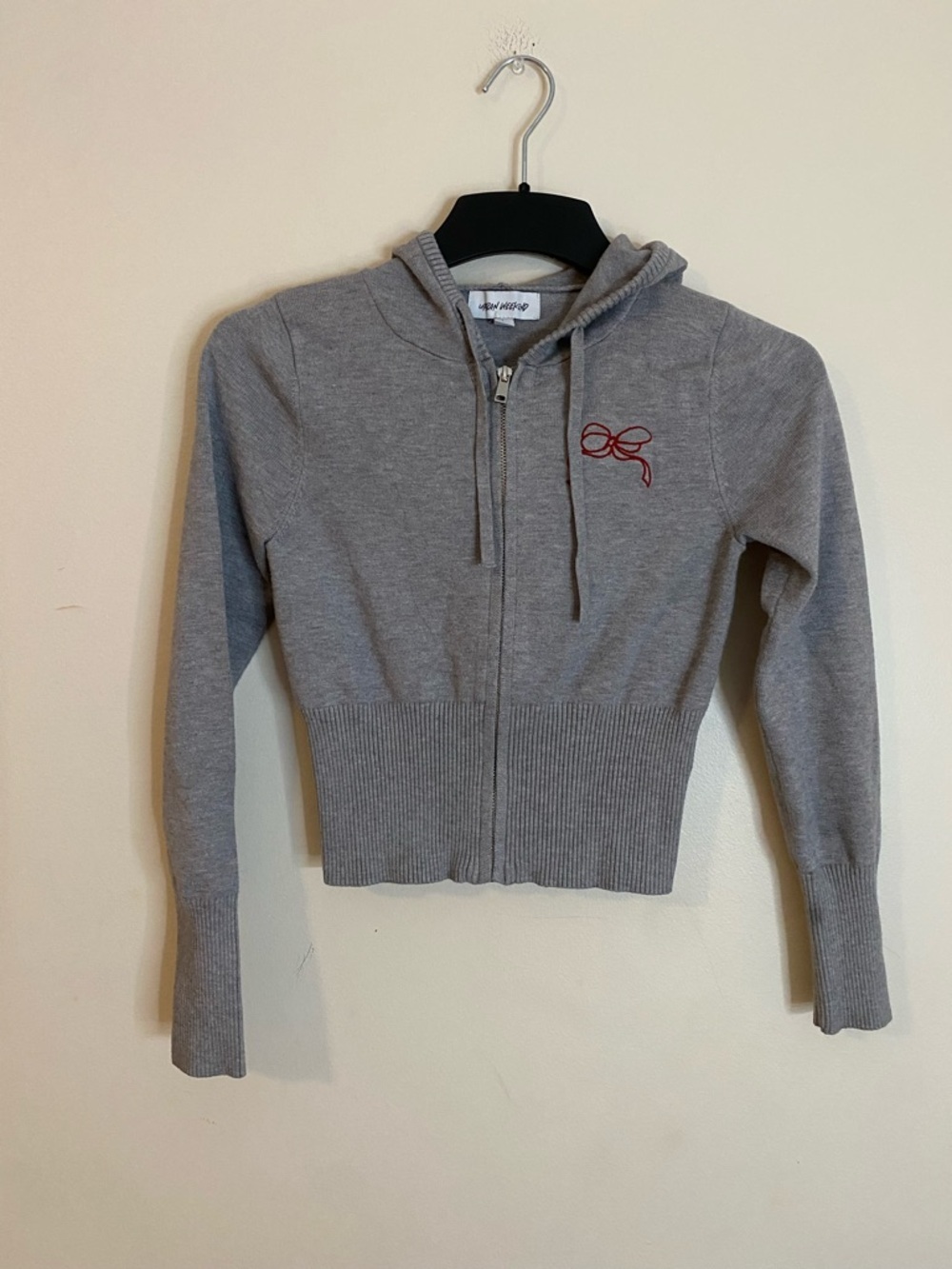 Urban Weekend Gray Zip-Up Hooded crop Sweater with Red cherry and bow Embroidery
